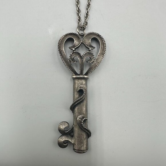 3/$30 Vintage Key Pendant Necklace Silver Ornate Scroll Design Long Chain 30" - Picture 2 of 14